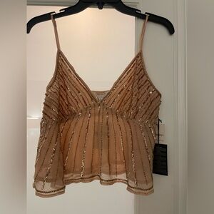 NWT Forever 21 Gold Sequin Spaghetti Strap Crop Top Sz M Adjustable Straps Lined